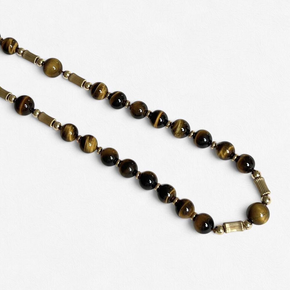 Tigers Eye Beaded Necklace Vintage Gold Tone Fluted Tube Spacers Retro 70s Boho - Picture 7 of 11
